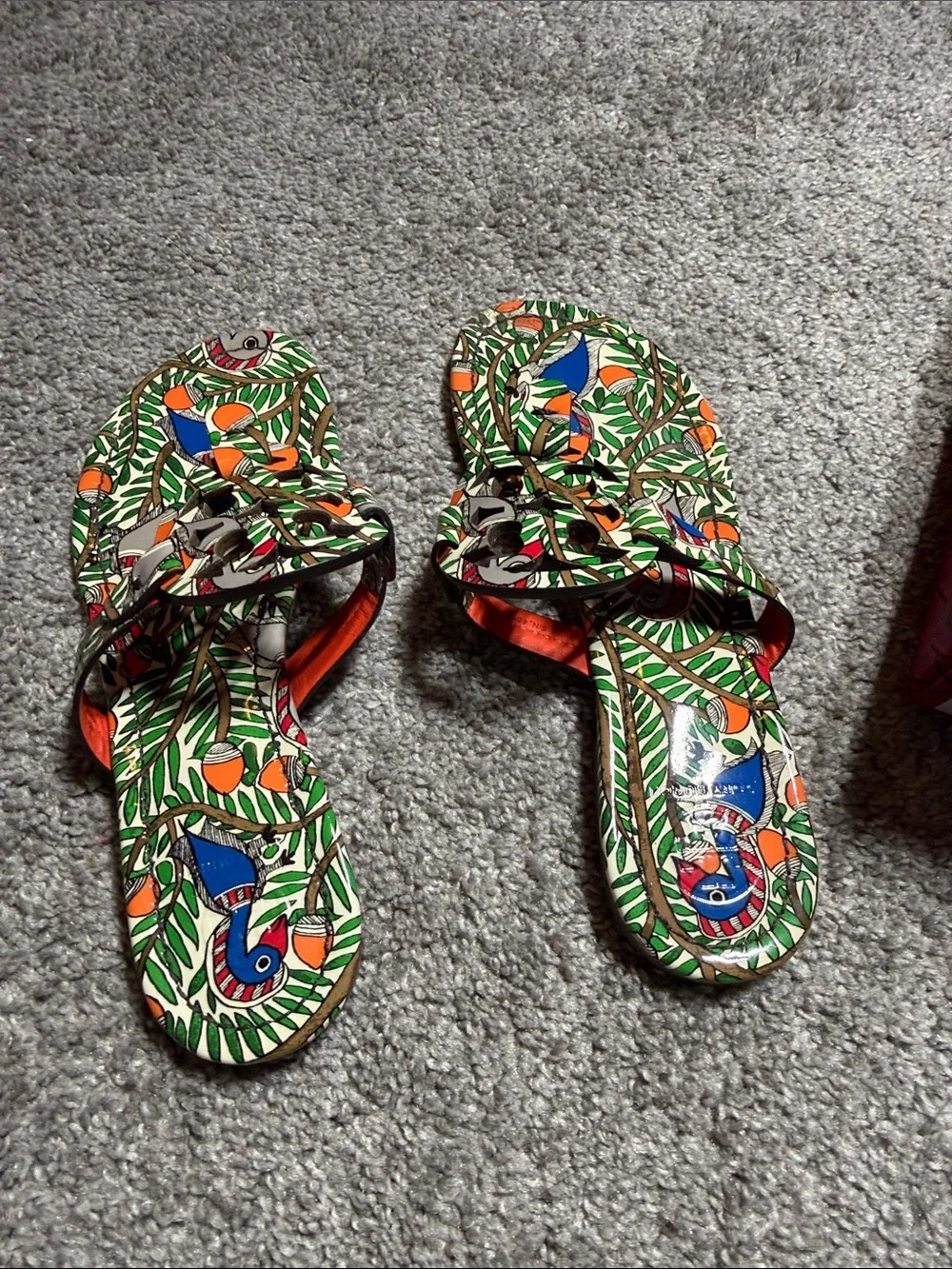 Tory Burch Tropical Print Leather Miller Sandals in Green, Blue & Orange